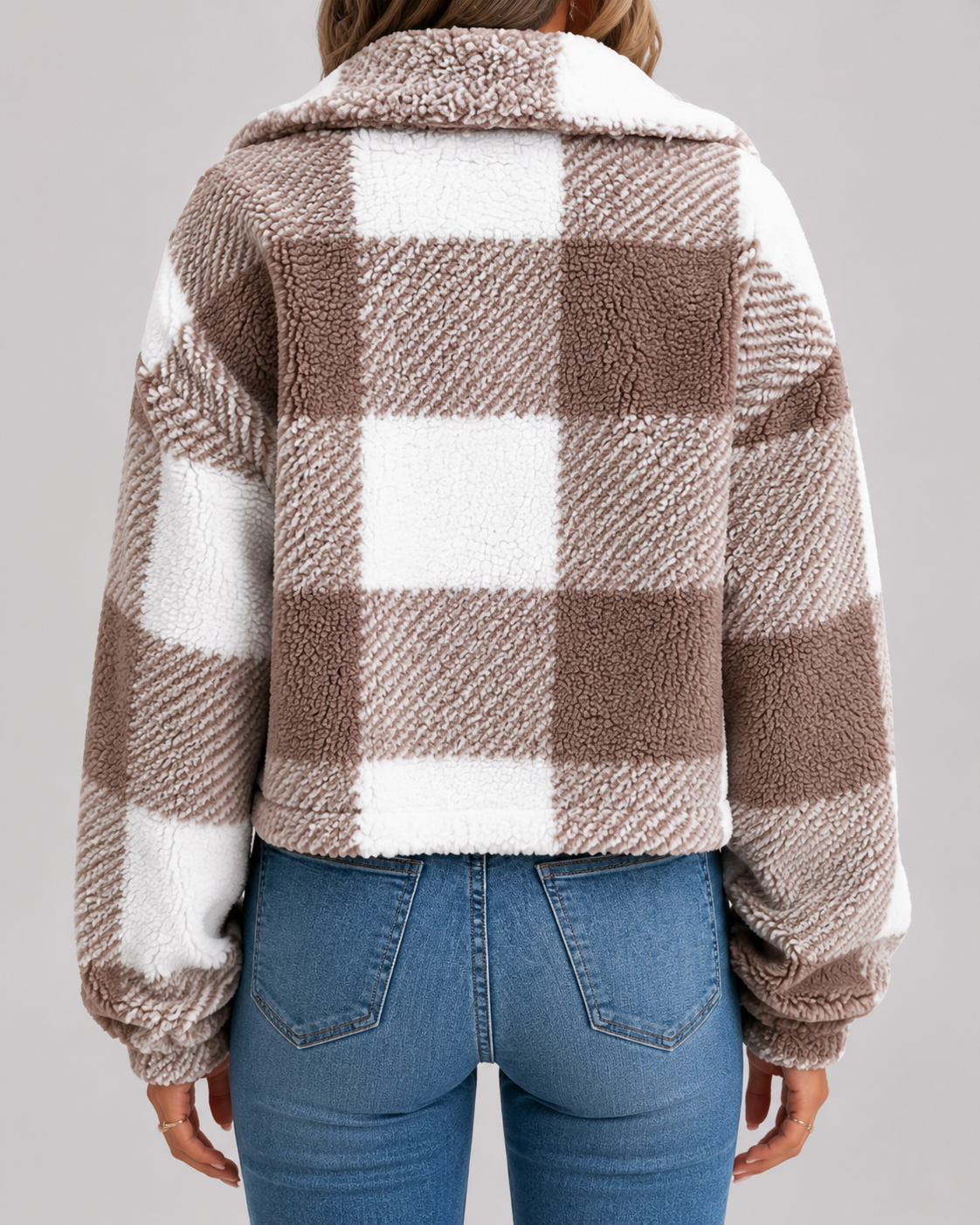Women's Checked Teddy Fleece Jacket with Button Front | Minchinhampton