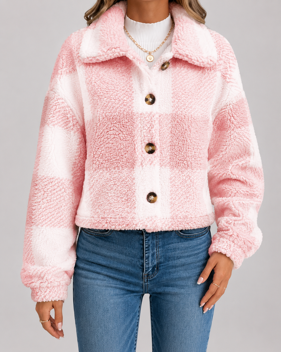 Women's Checked Teddy Fleece Jacket with Button Front | Minchinhampton