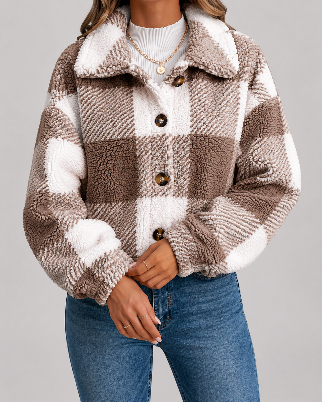 Women's Checked Teddy Fleece Jacket with Button Front | Minchinhampton