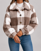 Women's Checked Teddy Fleece Jacket with Button Front | Minchinhampton