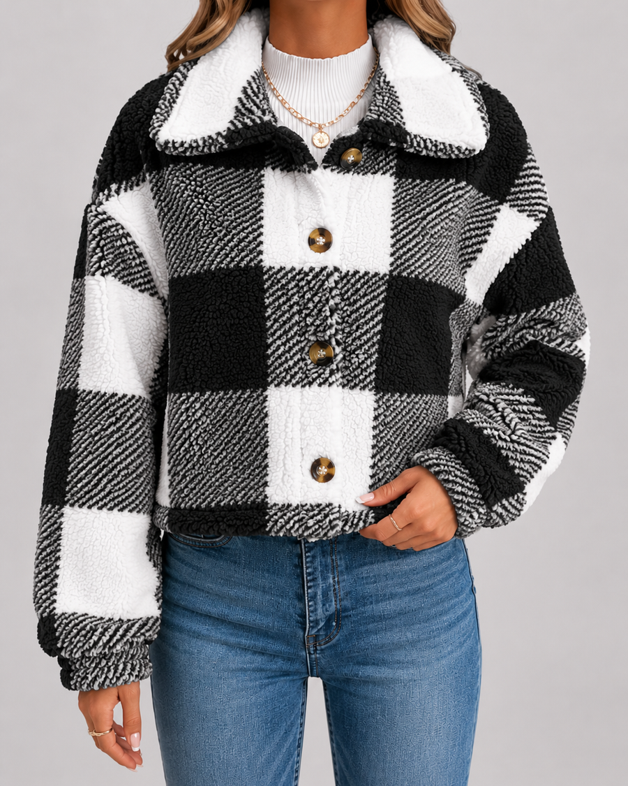 Women's Checked Teddy Fleece Jacket with Button Front | Minchinhampton