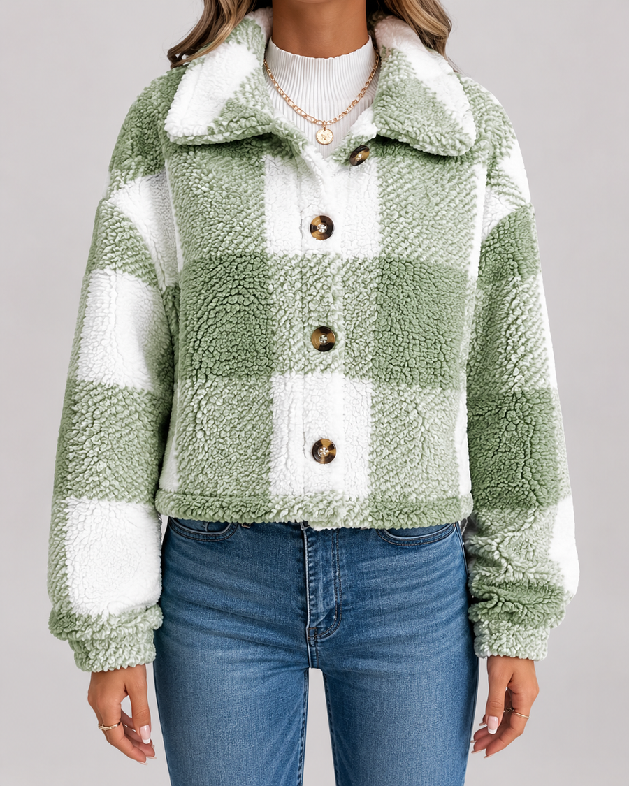 Women's Checked Teddy Fleece Jacket with Button Front | Minchinhampton