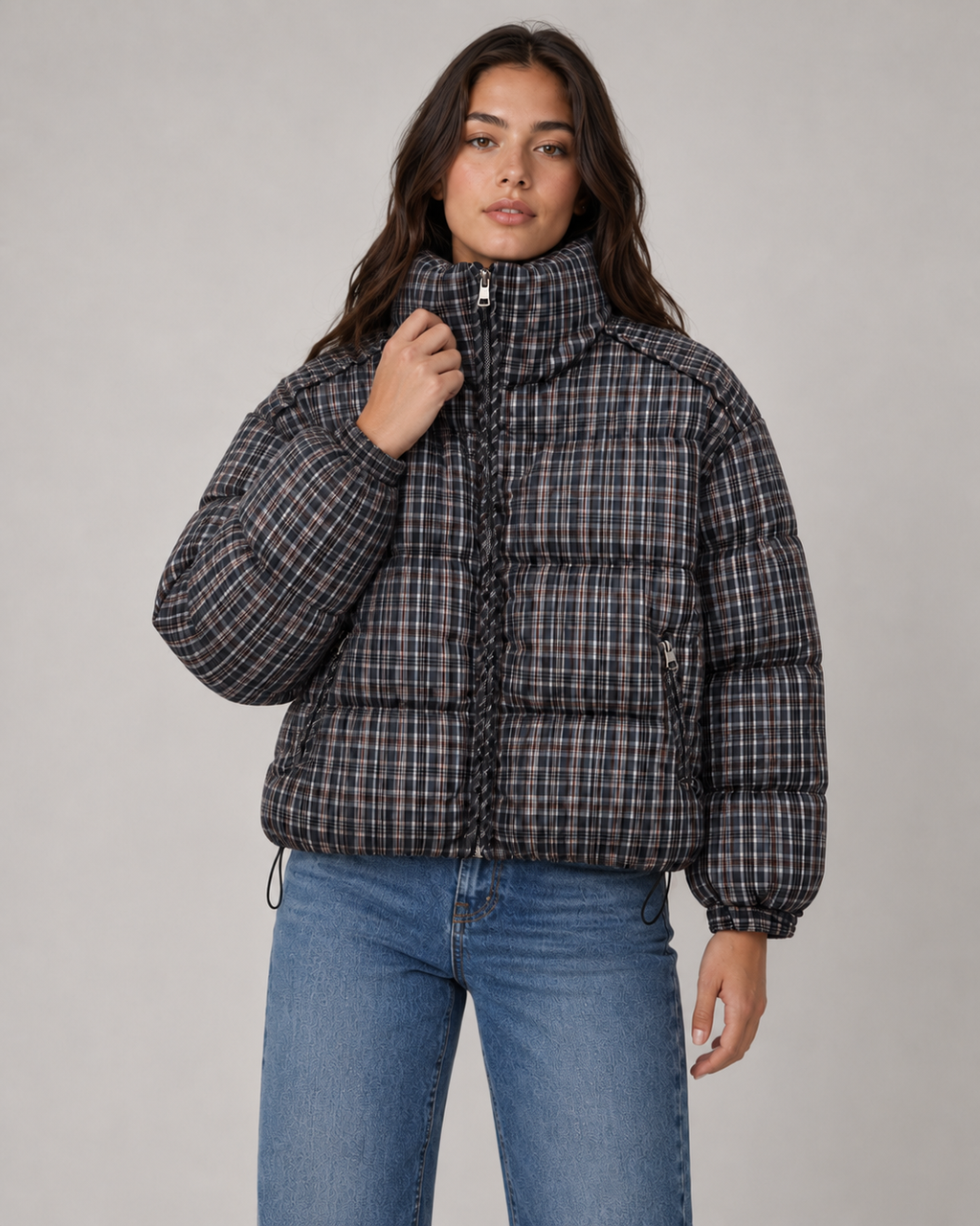 Women's Checked Puffer Coat with Funnel Neck | Blockley
