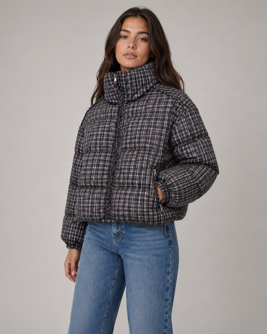 Women's Checked Puffer Coat with Funnel Neck | Blockley