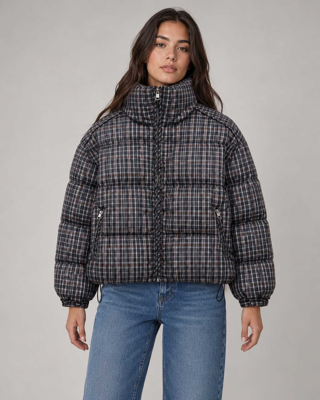 Women's Checked Puffer Coat with Funnel Neck | Blockley