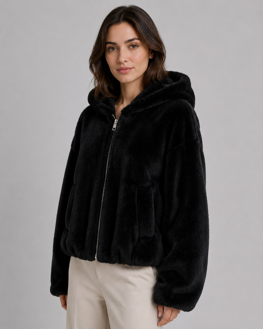 Veste à capuche pour femme en fausse fourrure à fermeture zippée sur le devant | Kingham