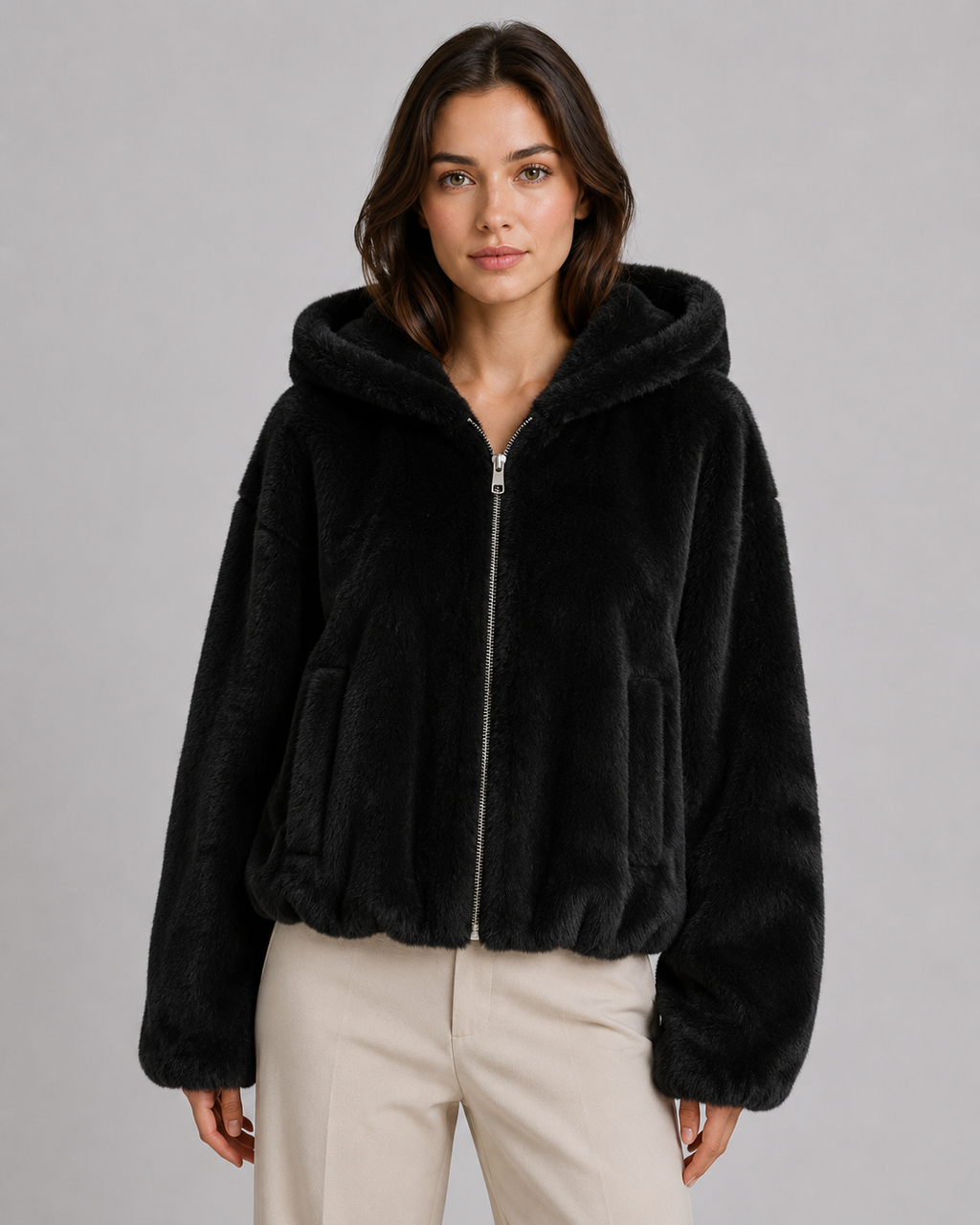 Women's Hooded Faux Fur Jacket with Zip Front | Kingham