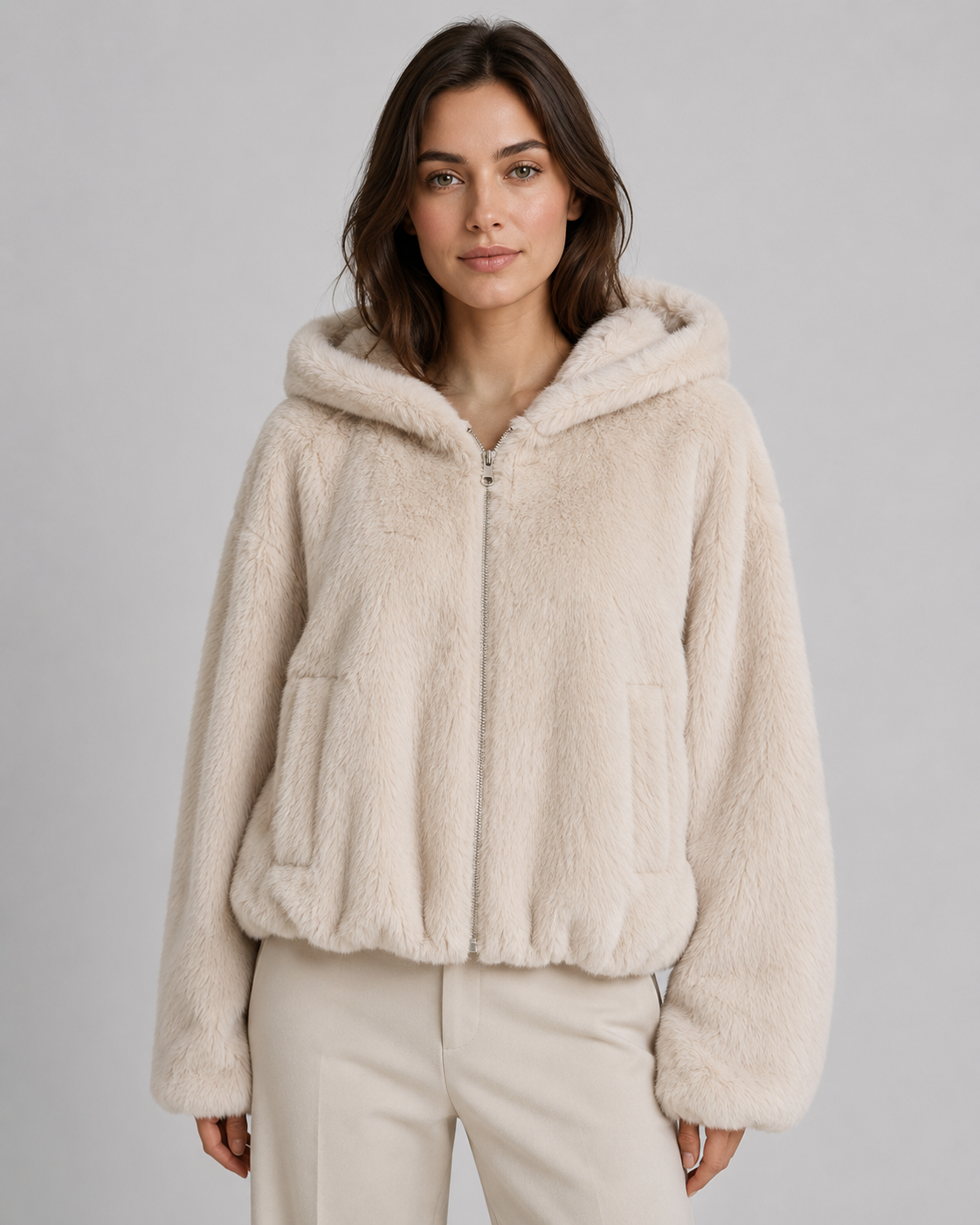 Women's Hooded Faux Fur Jacket with Zip Front | Kingham