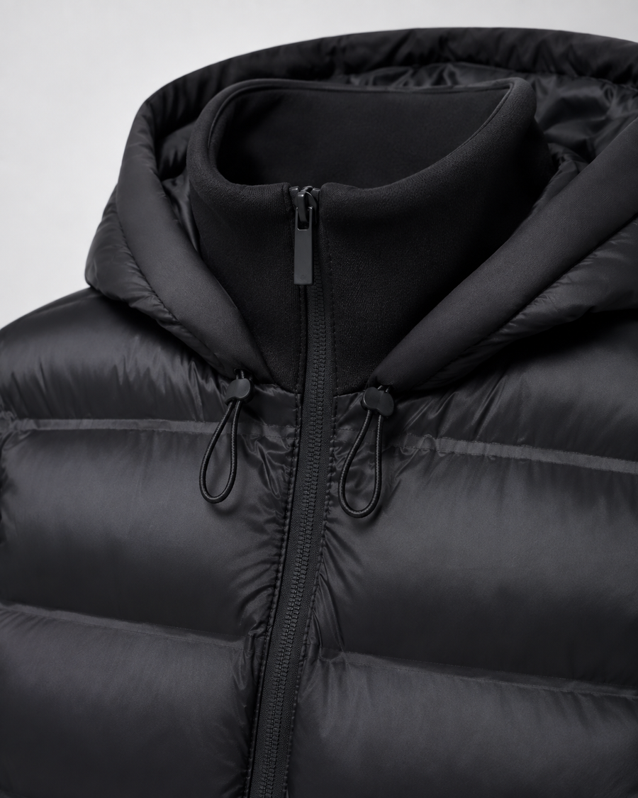 Women's Hooded Hybrid Puffer Jacket with Jersey Sleeves | Naunton