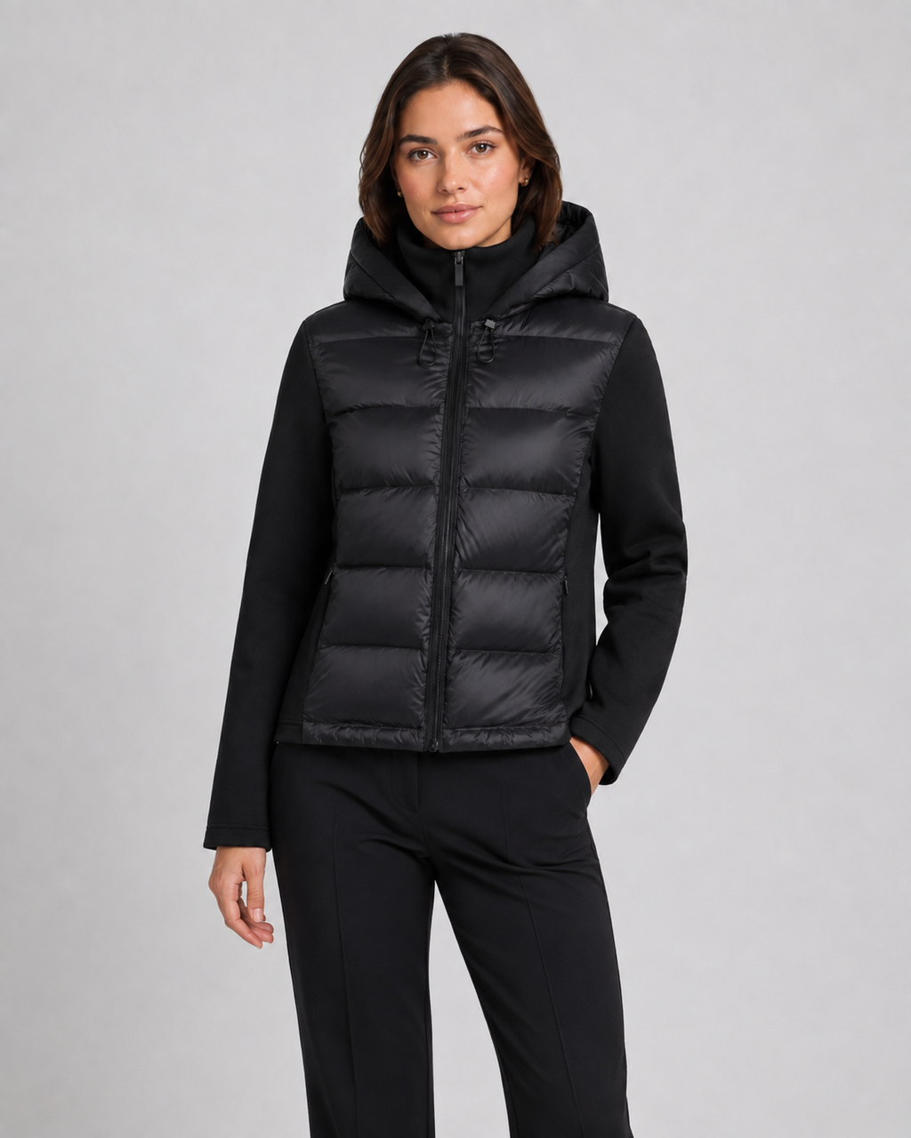 Women's Hooded Hybrid Puffer Jacket with Jersey Sleeves | Naunton