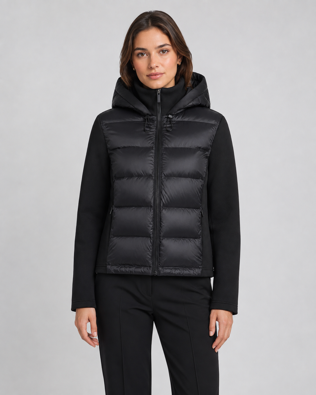 Women's Hooded Hybrid Puffer Jacket with Jersey Sleeves | Naunton