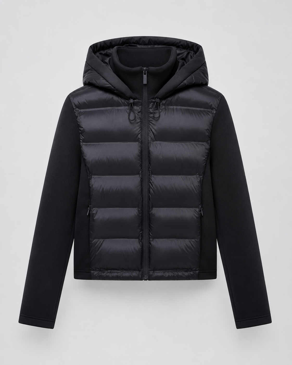 Women's Hooded Hybrid Puffer Jacket with Jersey Sleeves | Naunton