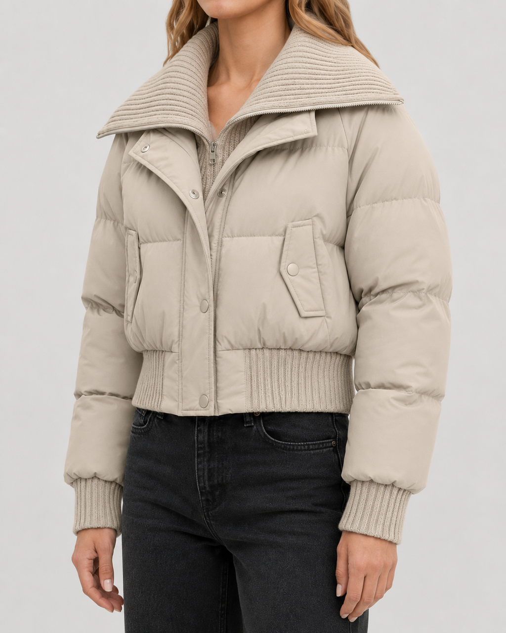 Women's Cropped Puffer Jacket with Ribbed Knit Collar | Bledington