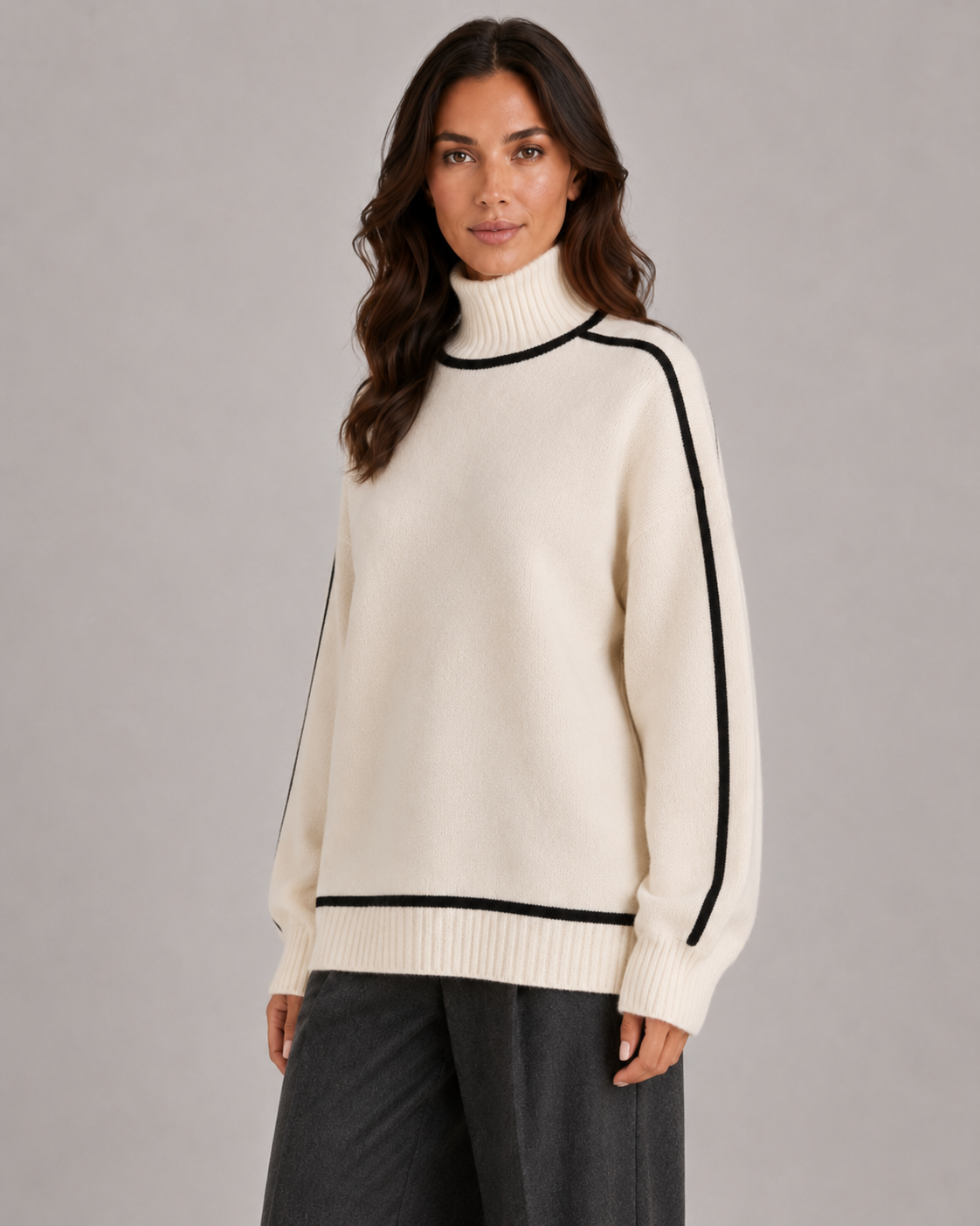 Pull oversize pour femme à col roulé et passepoil contrastant | Sapperton