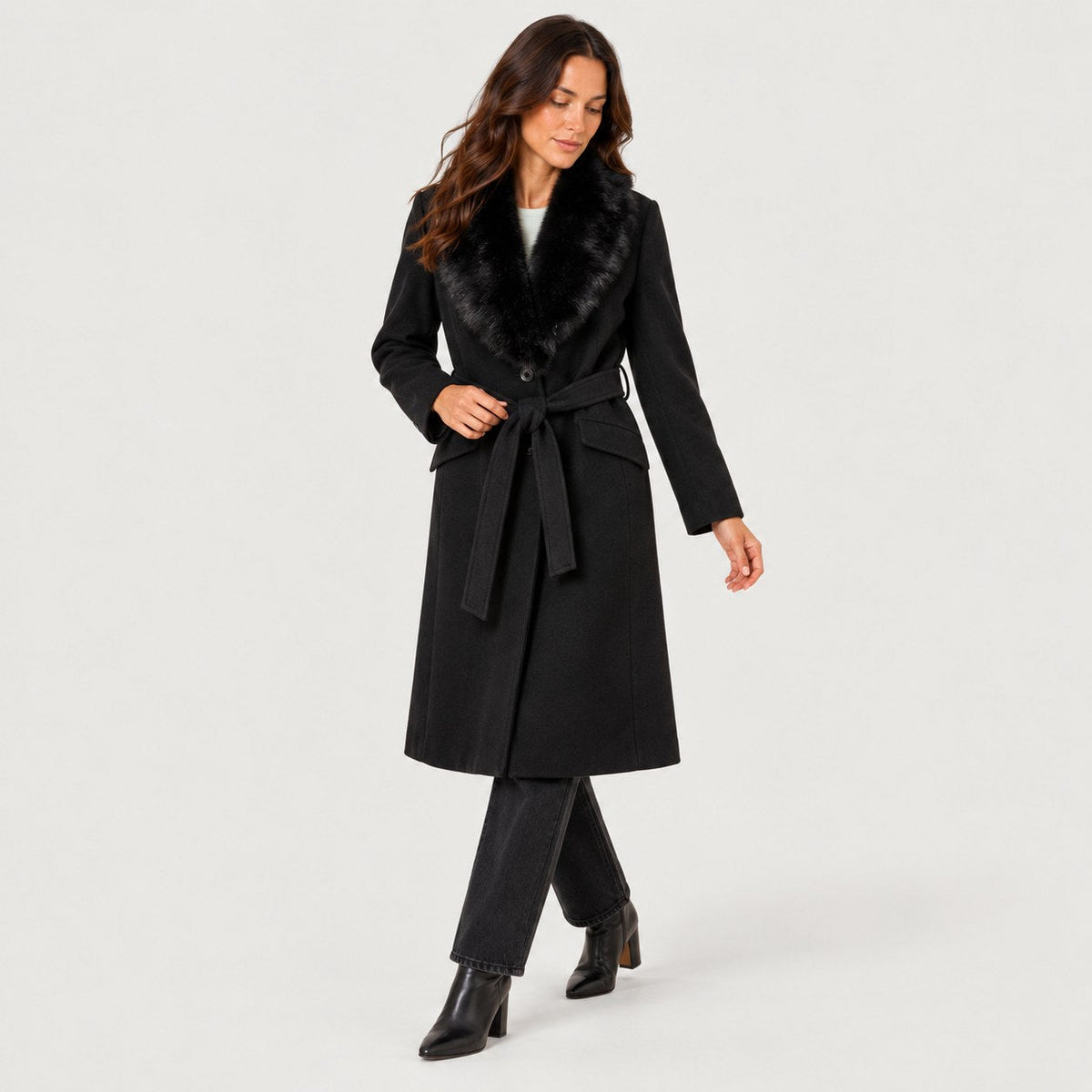 Women's belted midi coat in Black | Brockhall – side view