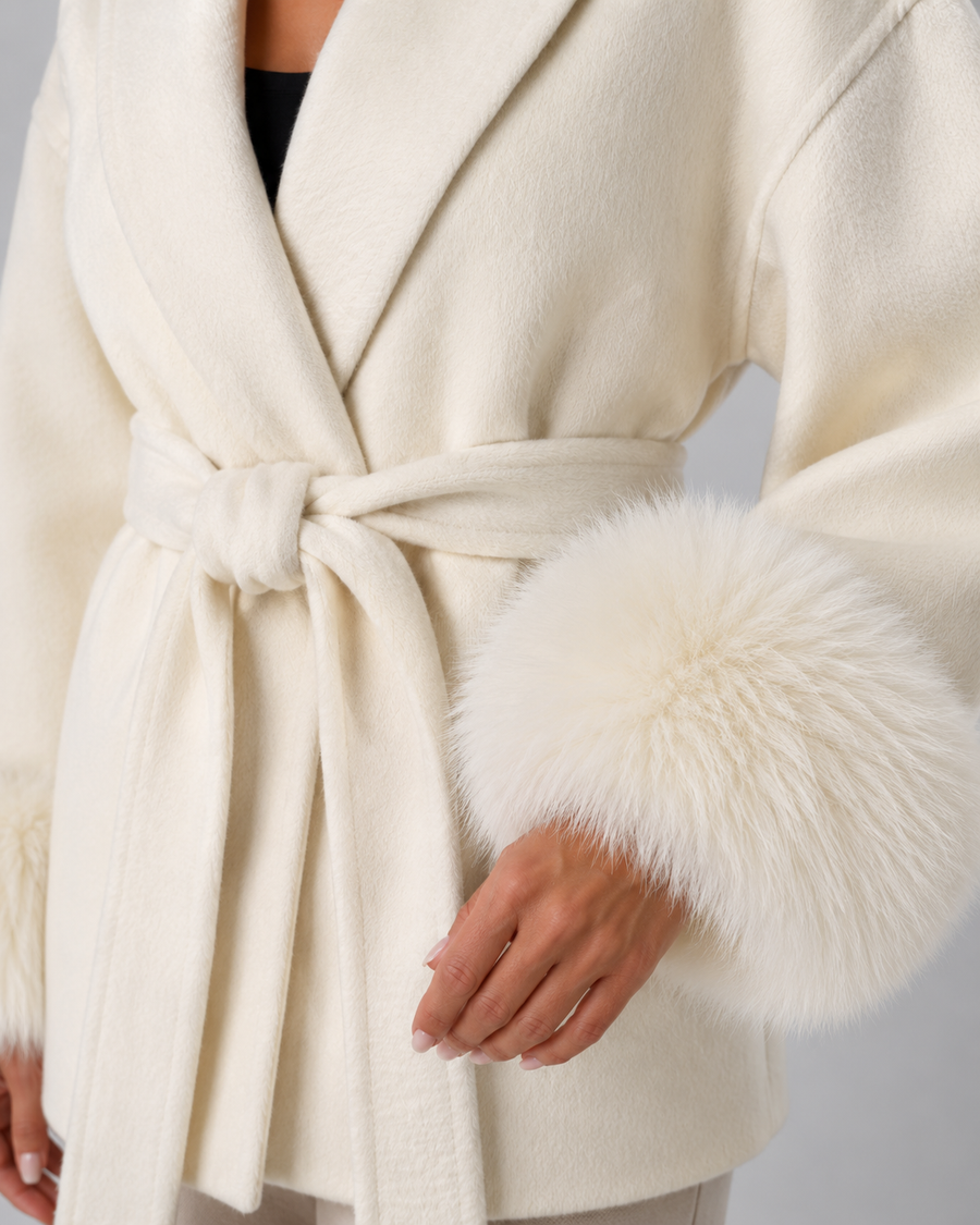 Women's Belted Wrap Coat with Faux Fur Cuffs | Guiting
