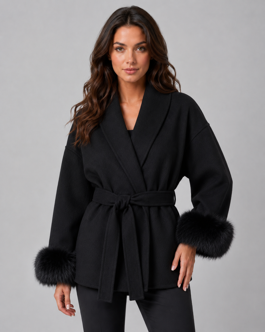 Women's Belted Wrap Coat with Faux Fur Cuffs | Guiting