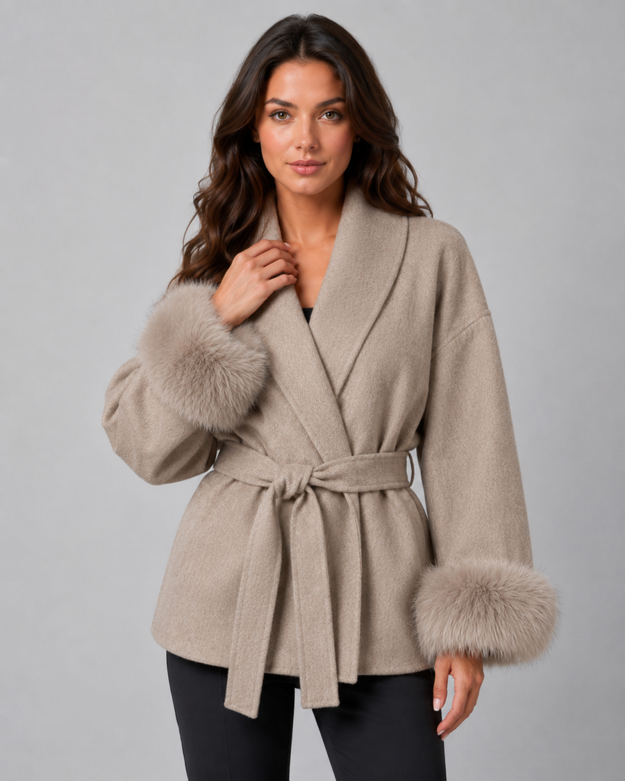 Women's Belted Wrap Coat with Faux Fur Cuffs | Guiting