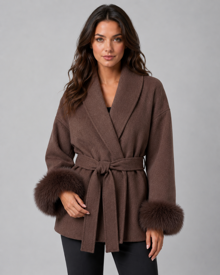 Women's Belted Wrap Coat with Faux Fur Cuffs | Guiting