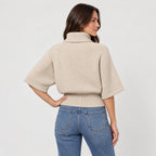Women's cable knit turtleneck with cape sleeves in Beige | Grinton – back view