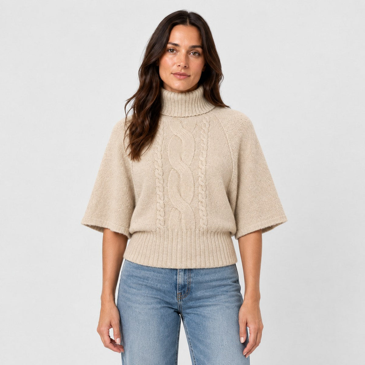 Women's cable knit turtleneck with cape sleeves in Beige | Grinton – front view
