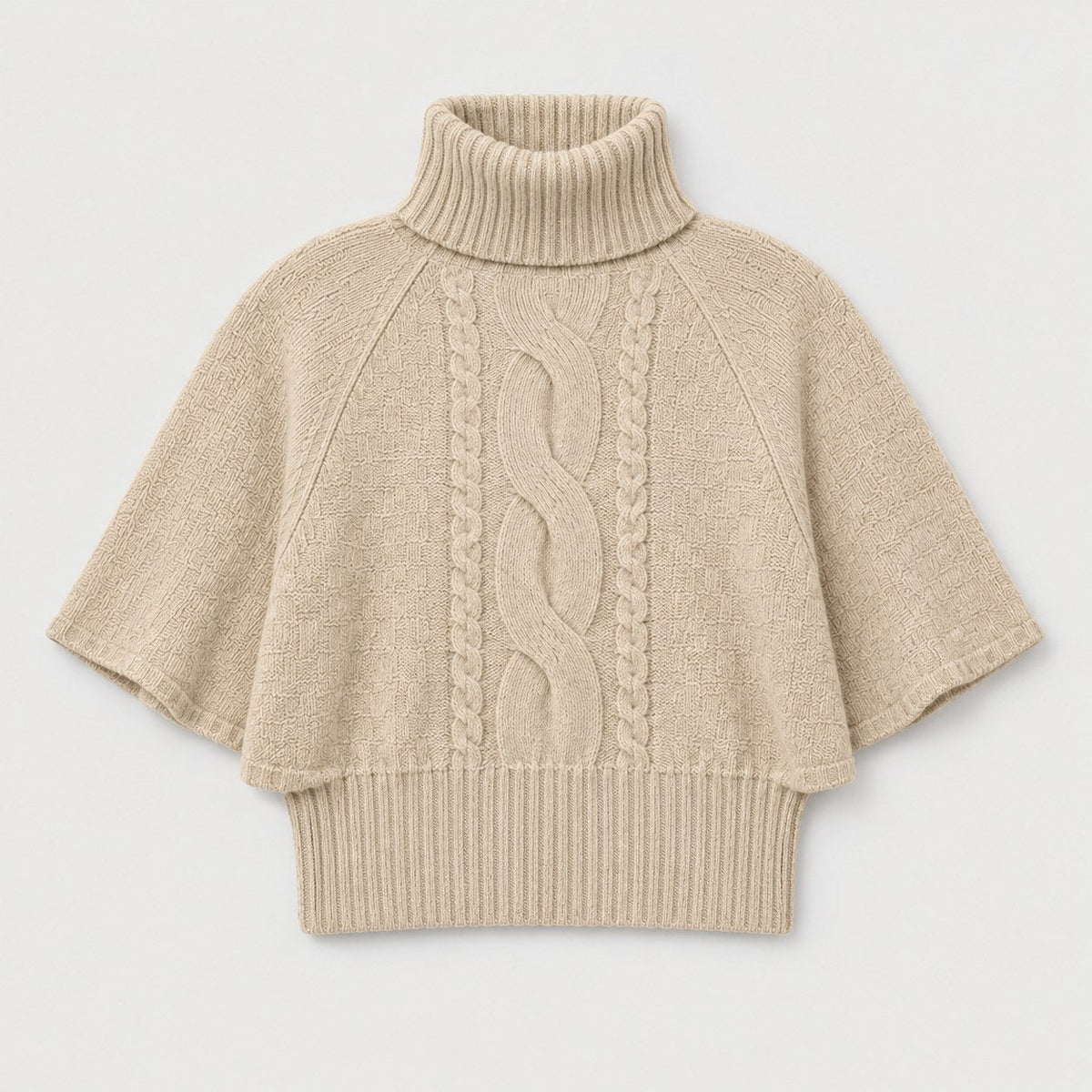 Women's cable knit turtleneck with cape sleeves in Beige | Grinton – front view