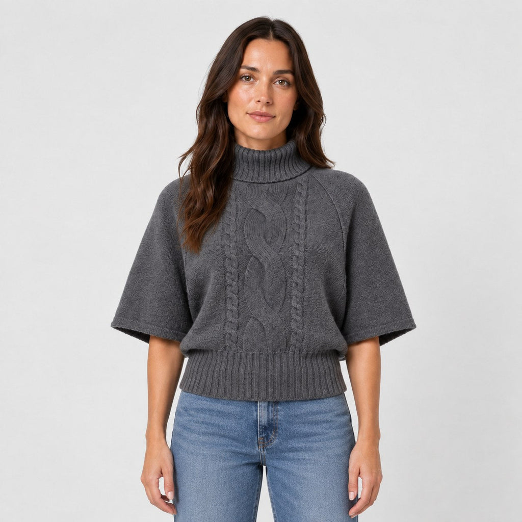 Women's cable knit turtleneck with cape sleeves in Dark Grey | Grinton – front view
