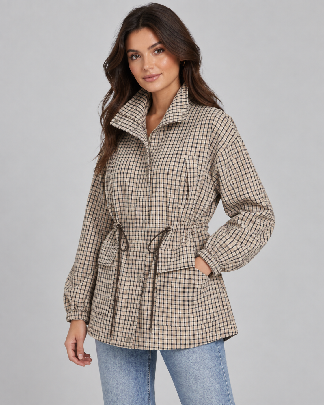 Women's Checked Utility Jacket with Drawstring Waist | Borrowdale