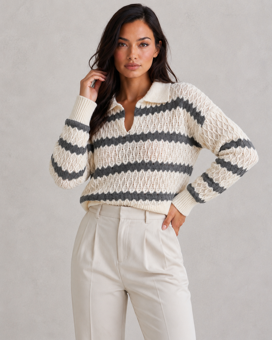 Women's striped knit jumper with collar