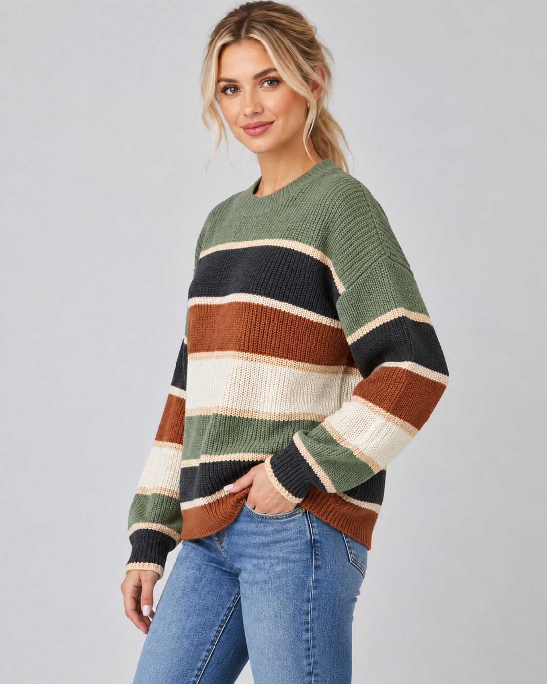 Pull à col rond rayé à empiècements color-block pour femme | Aylsham