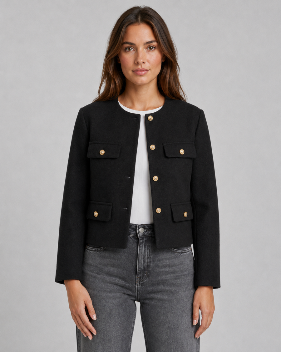 Women's Cropped Collarless Jacket with Gold Buttons | Withington