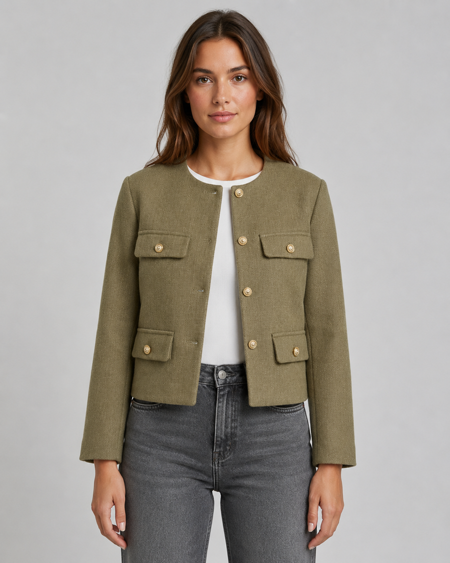 Women's Cropped Collarless Jacket with Gold Buttons | Withington