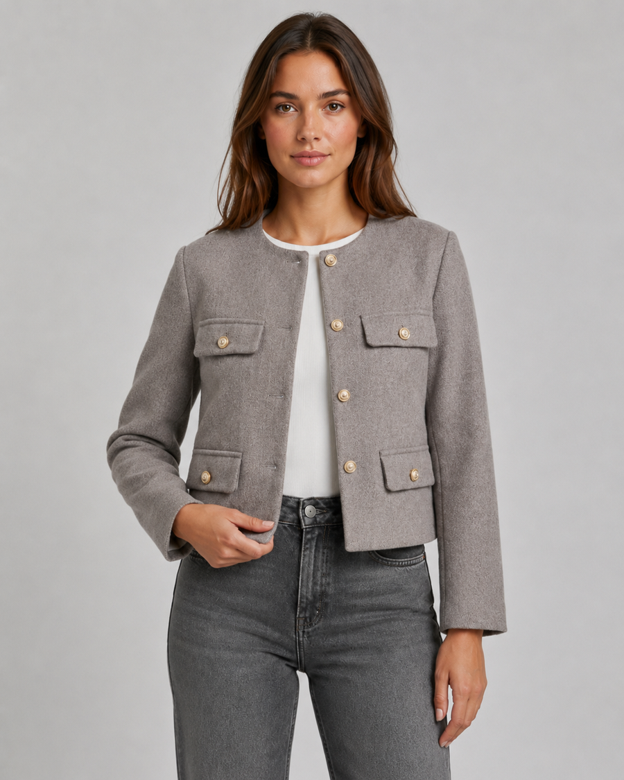 Women's Cropped Collarless Jacket with Gold Buttons | Withington