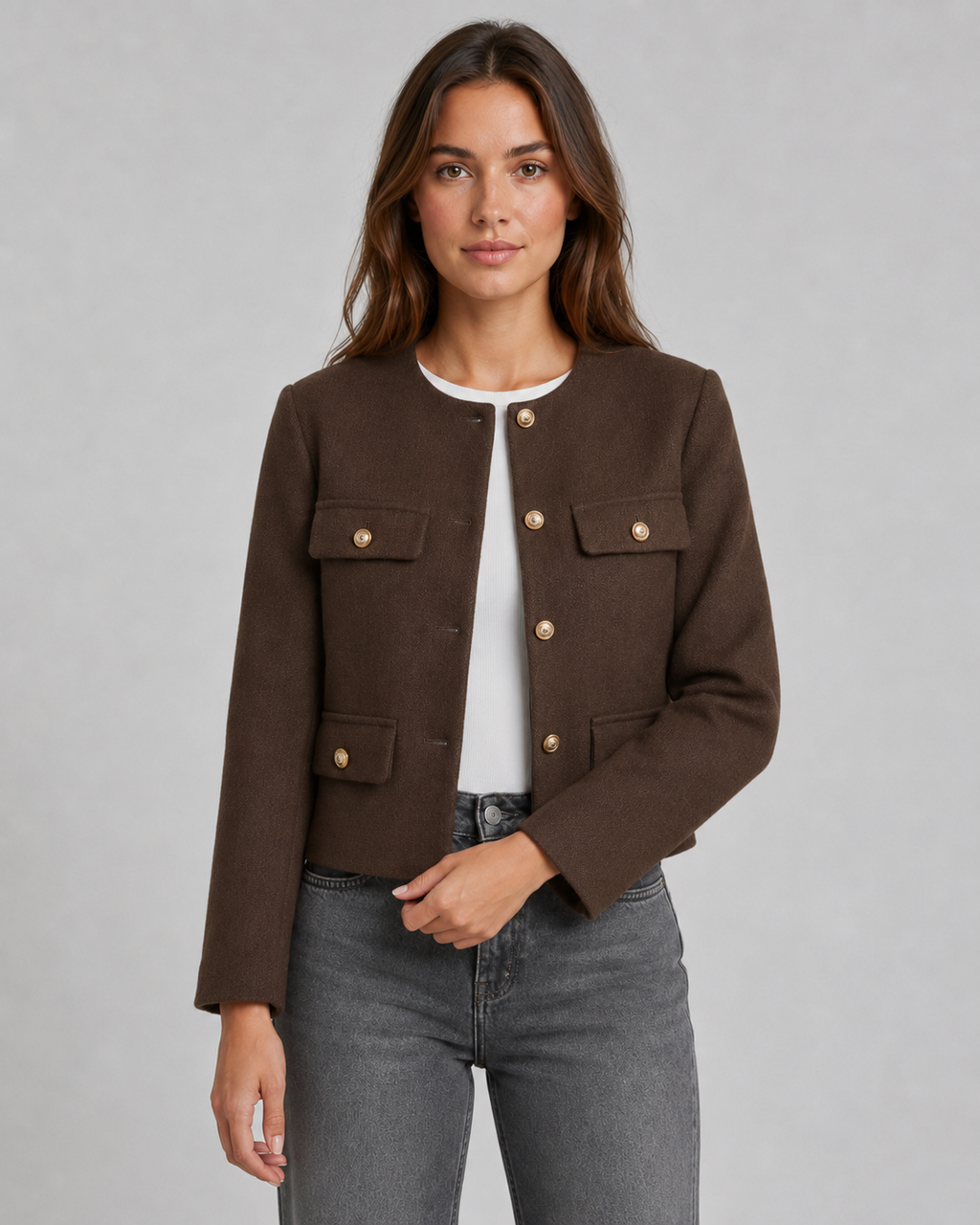 Veste courte sans col pour femme avec boutons dorés | Withington