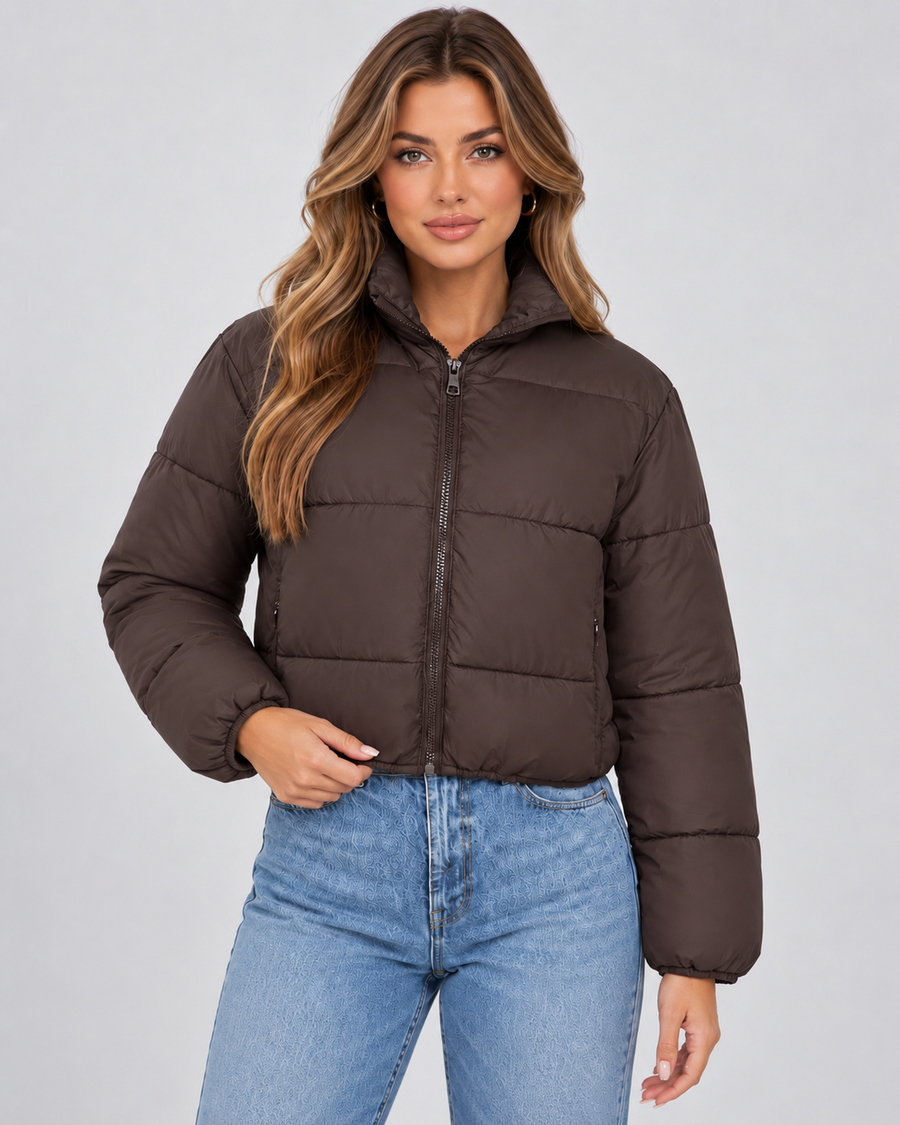 Women's Cropped Quilted Puffer Jacket with High Collar | Kersey