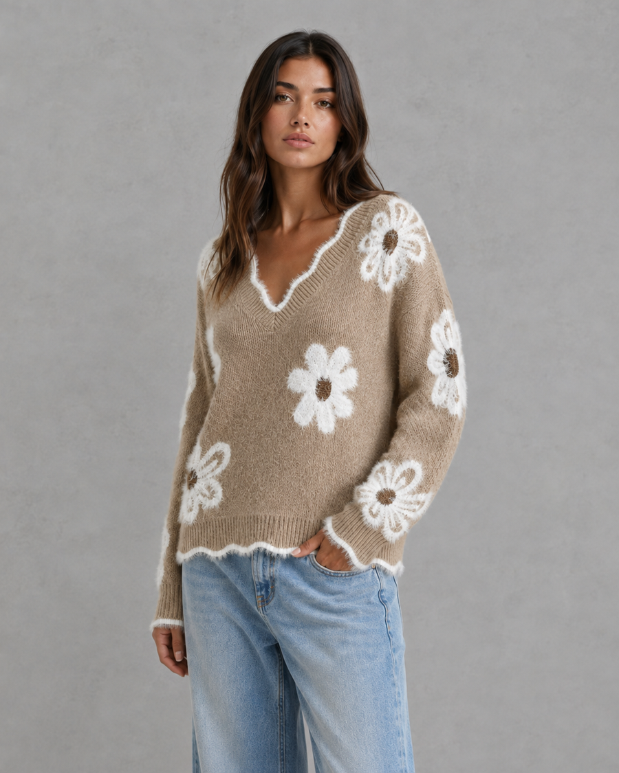 Pull en maille à col V orné de marguerites pour femme | Steyning