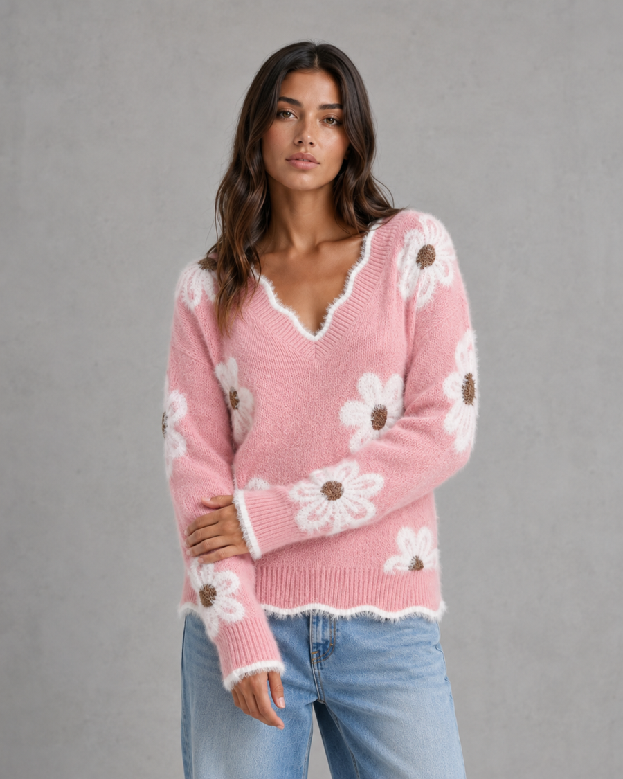 Pull en maille à col V orné de marguerites pour femme | Steyning