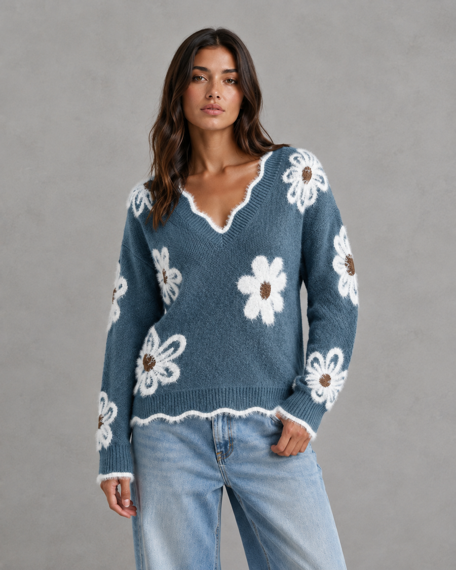 Pull en maille à col V orné de marguerites pour femme | Steyning