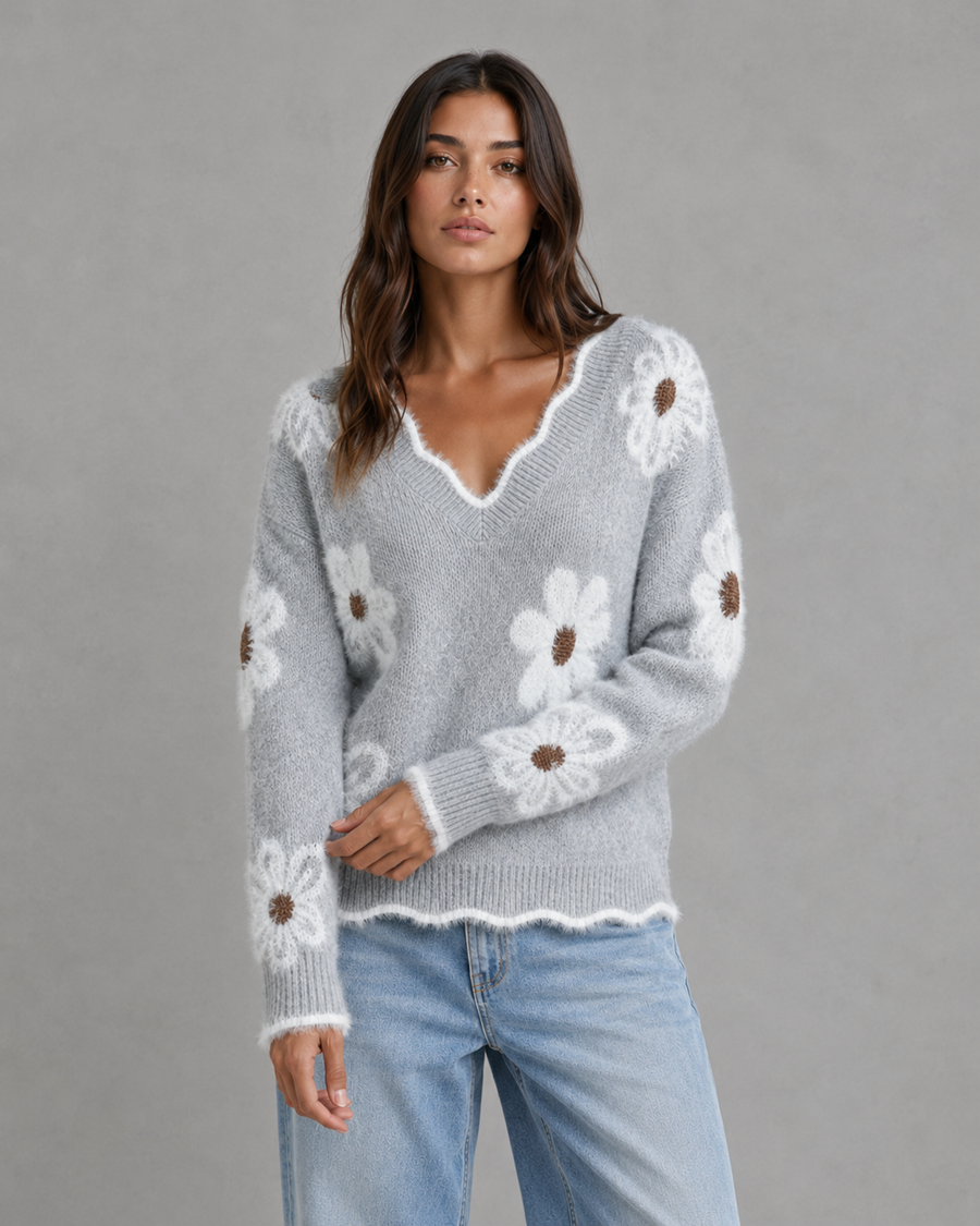 Pull en maille à col V orné de marguerites pour femme | Steyning