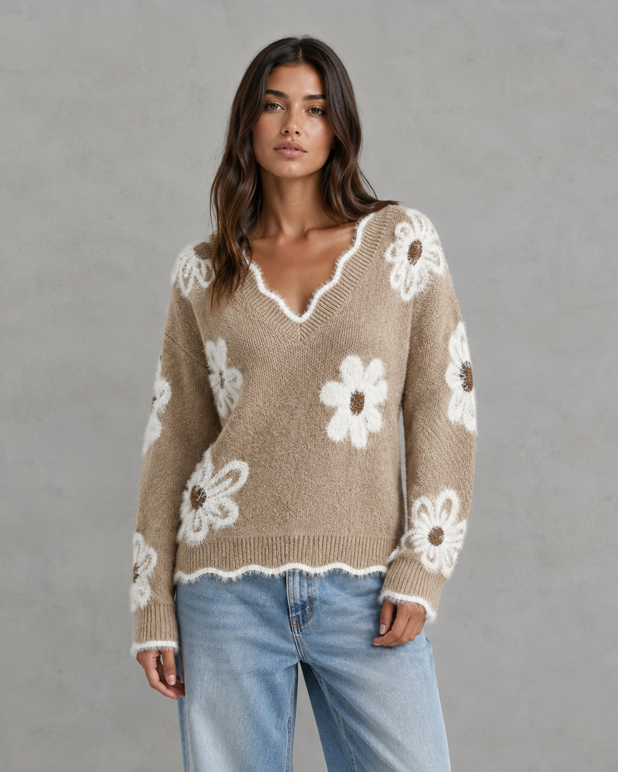 Pull en maille à col V orné de marguerites pour femme | Steyning
