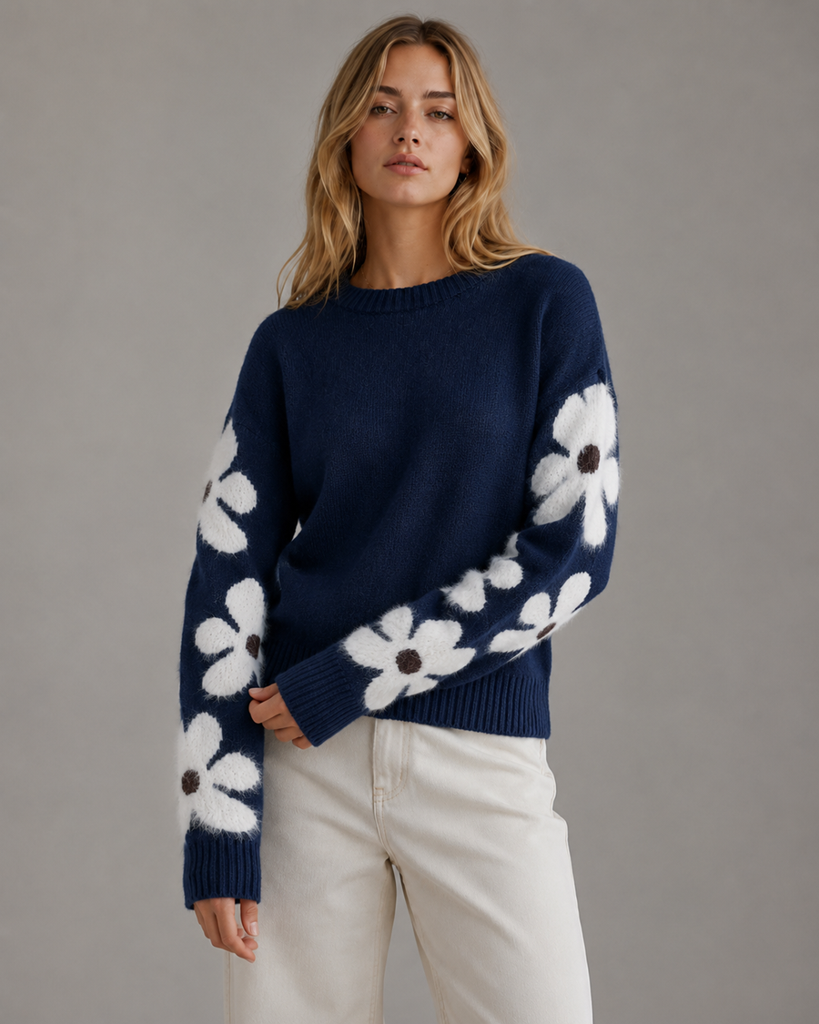 Pull à col rond avec manches à motif marguerites pour femme | Midhurst