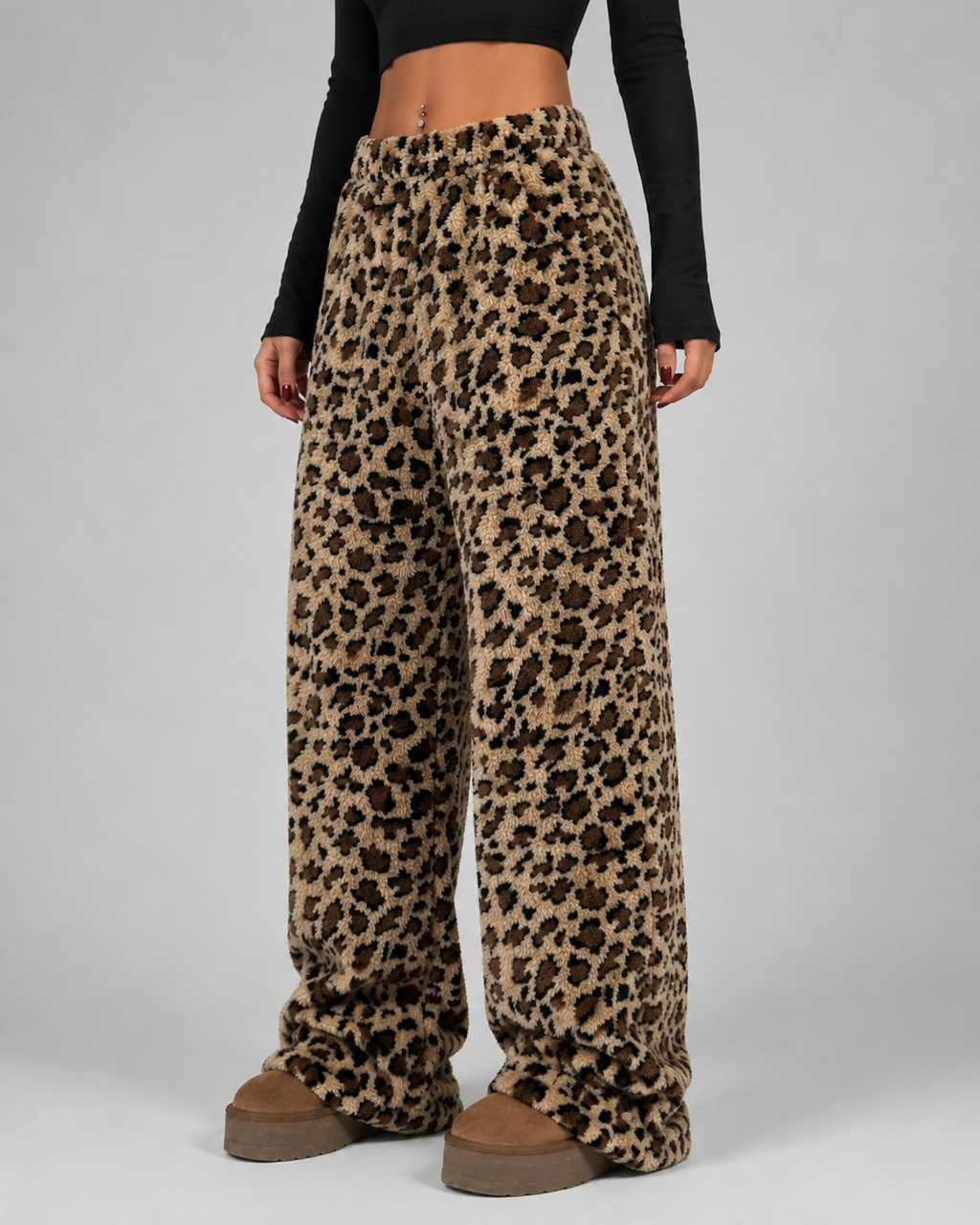 Women's Fuzzy Leopard Print Wide-Leg Joggers | Beaulieu