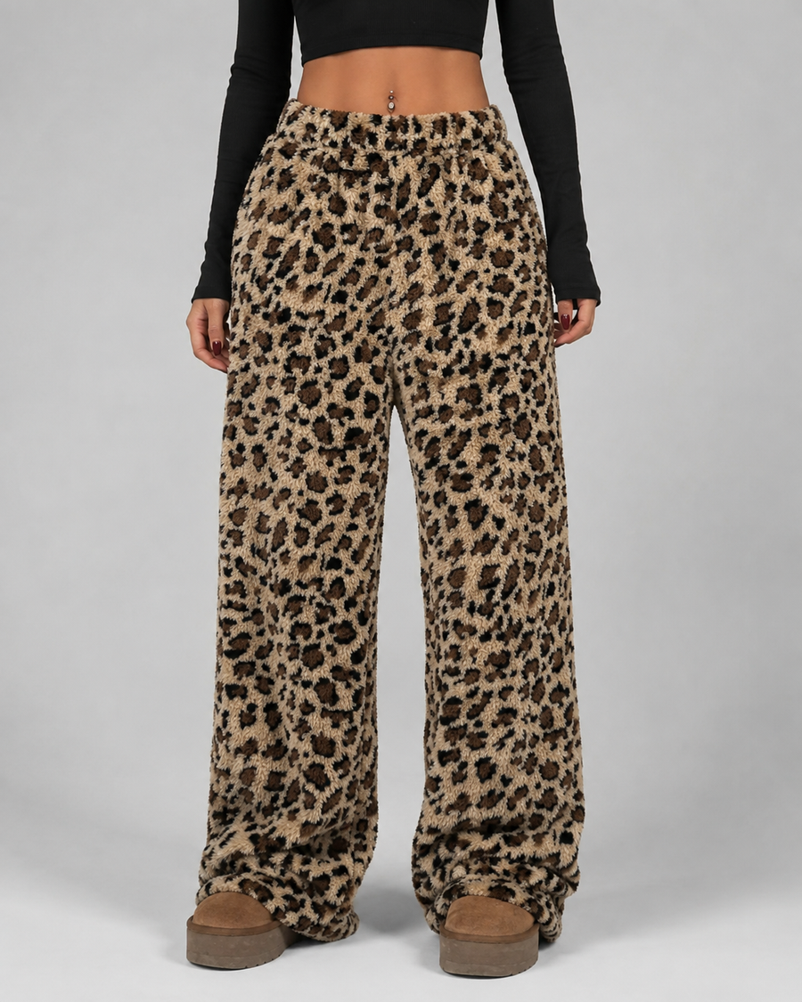 Women's Fuzzy Leopard Print Wide-Leg Joggers | Beaulieu