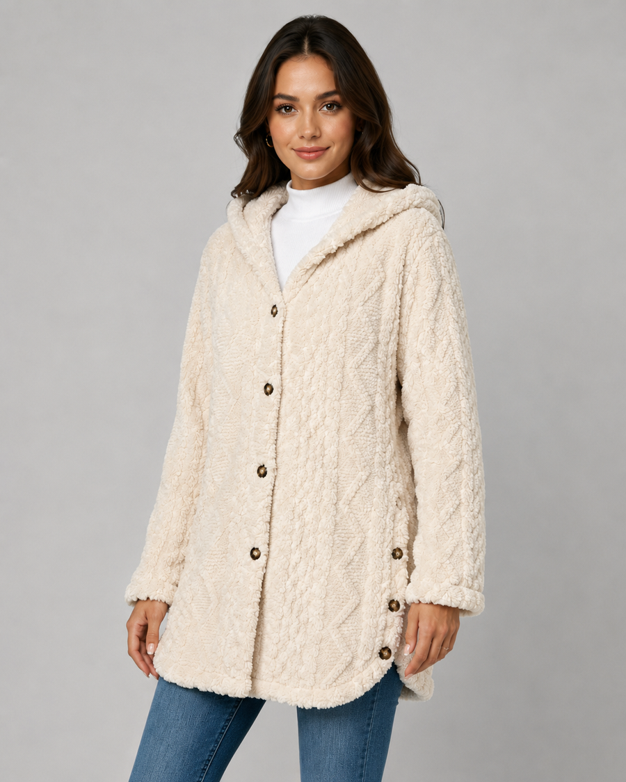 Women's Hooded Teddy Fleece Jacket with Cable Texture | Stanway