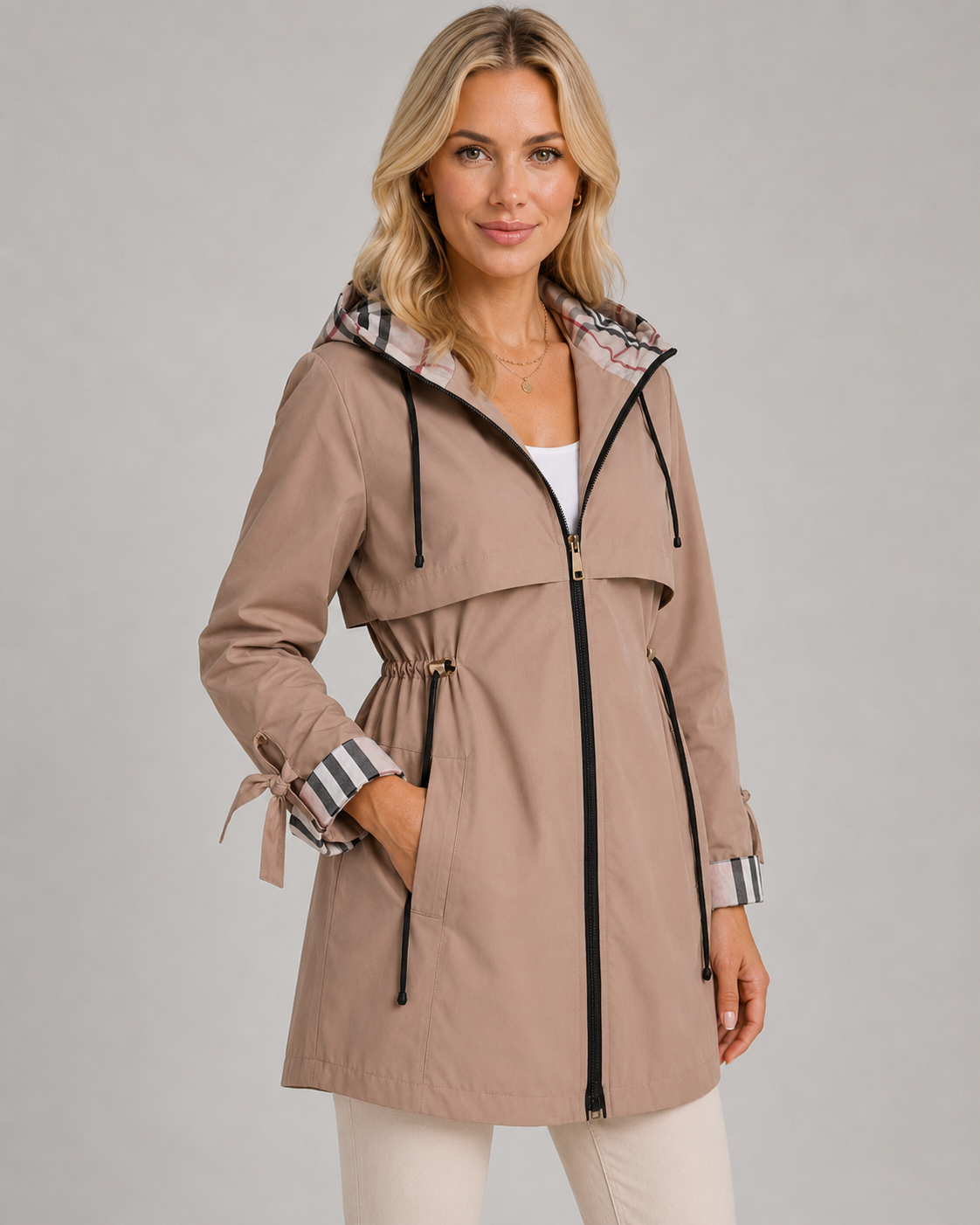 Women's Hooded Trench Coat with Check Lining | Ramsbury