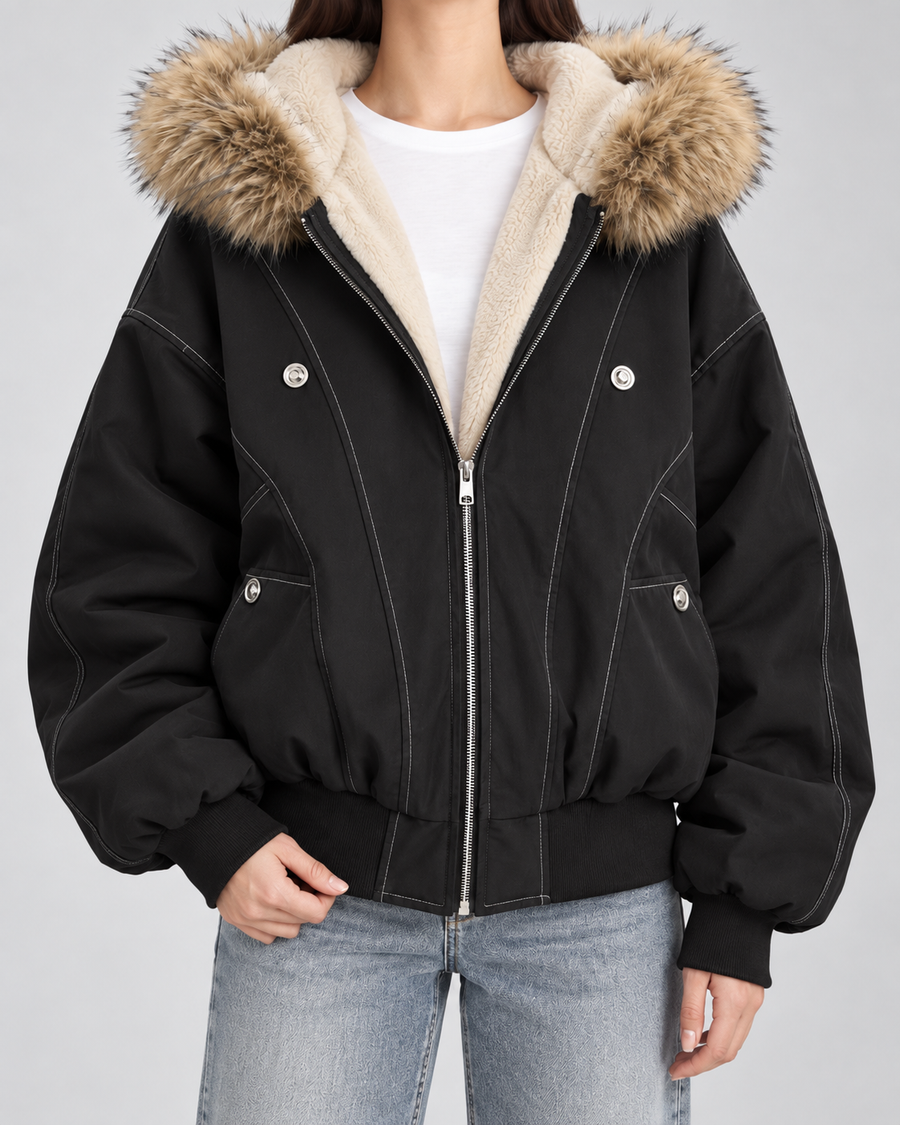 Women's Oversized Bomber Jacket with Faux Fur Hood | Caldbeck
