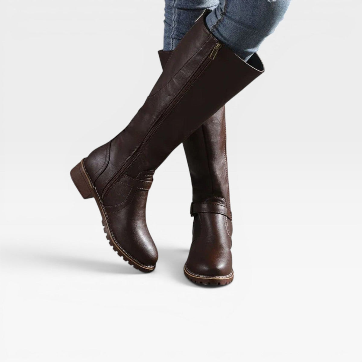 Women's Knee-High Leather Boots with Buckle Straps — view 5