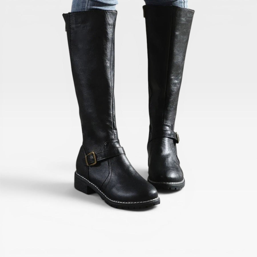 Women's Knee-High Leather Boots with Buckle Straps — view 6
