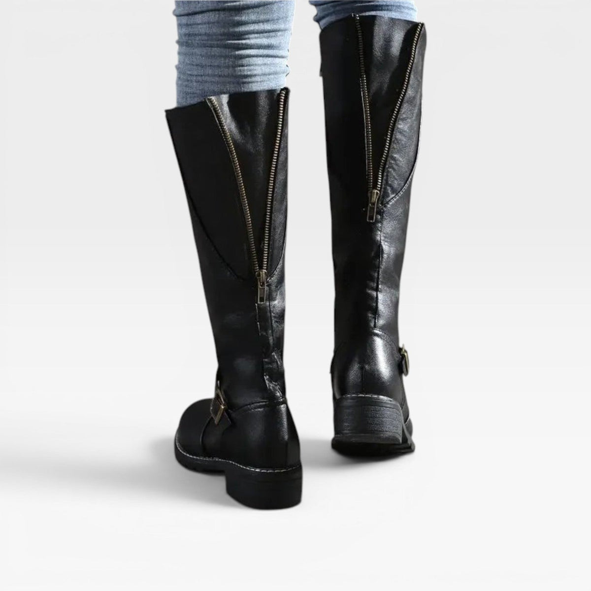 Women's Knee-High Leather Boots with Buckle Straps — view 7