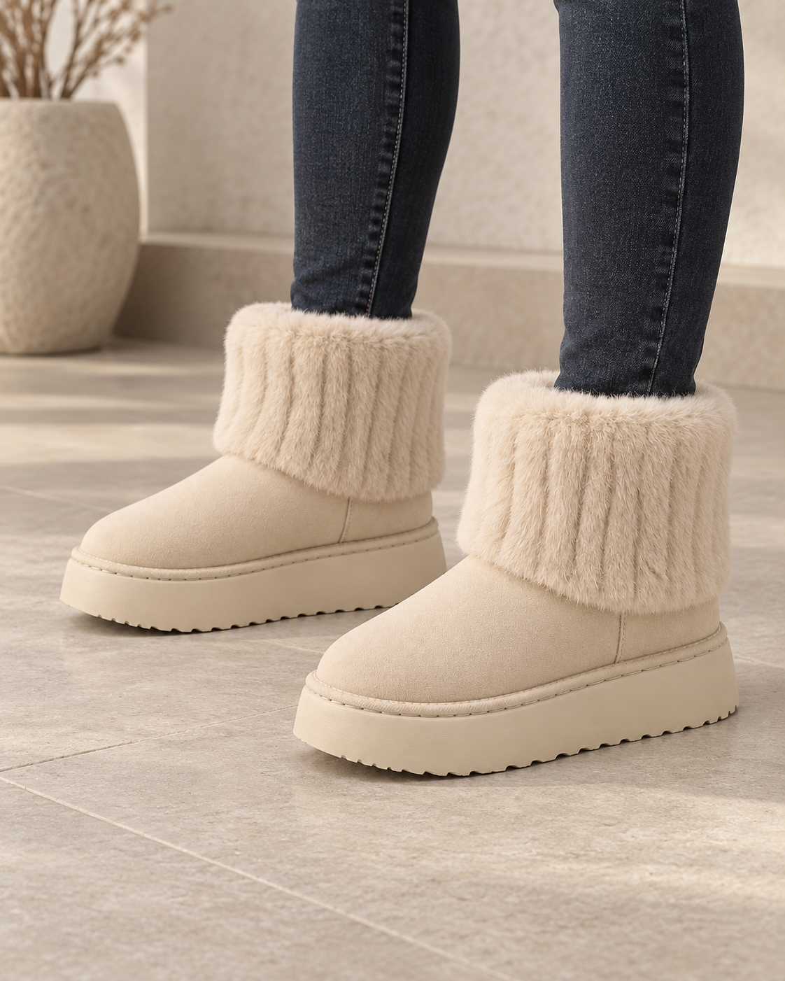 Women's Faux Fur Cuff Platform Ankle Boots | Folkington
